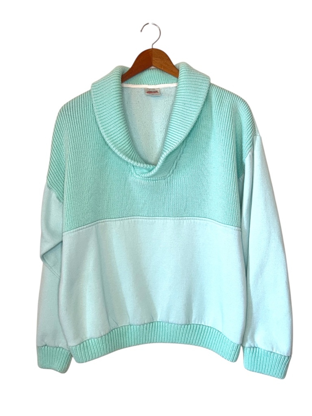 Vintage 80s Women's Randy River Pastel Mint Green Knit Collared Sweatshirt M